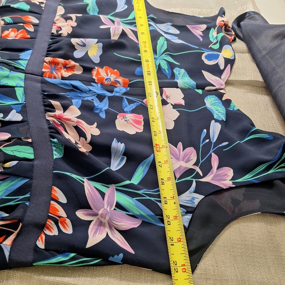 Talbots 14 Navy Floral Chiffon Midi Dress Fit Flare Pleat Garden Party Cocktail - Picture 9 of 9